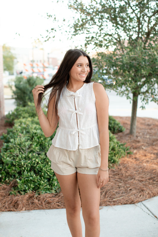 White Sleeveless Triple Bow Self Tie Top