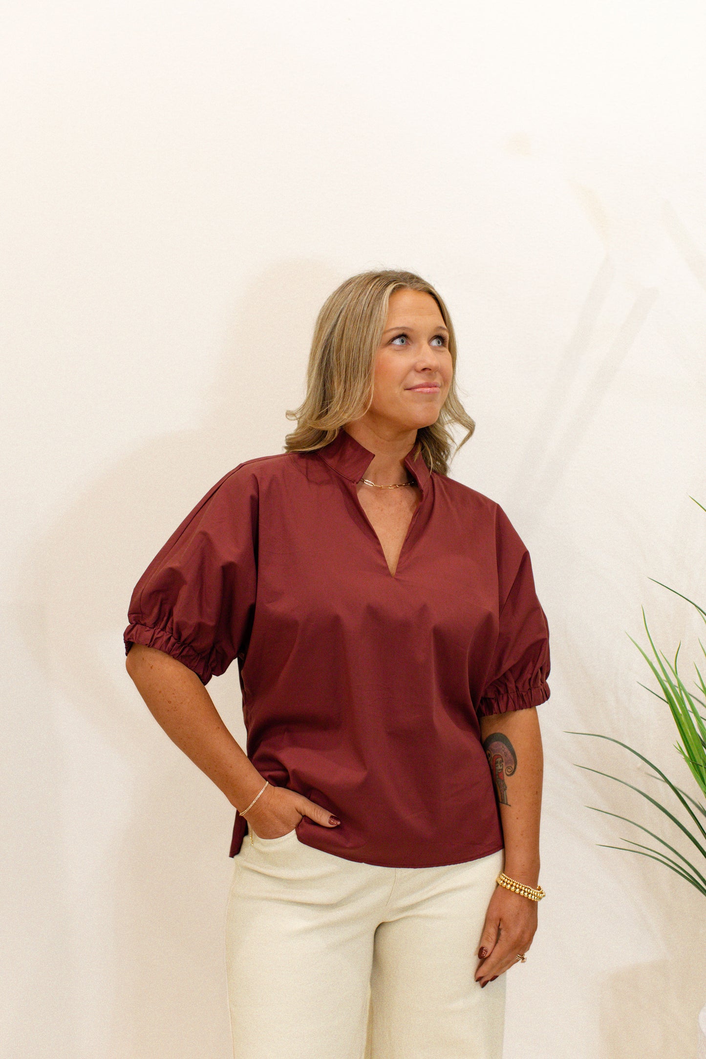 Wine Puff Sleeve Top With Standing Collar