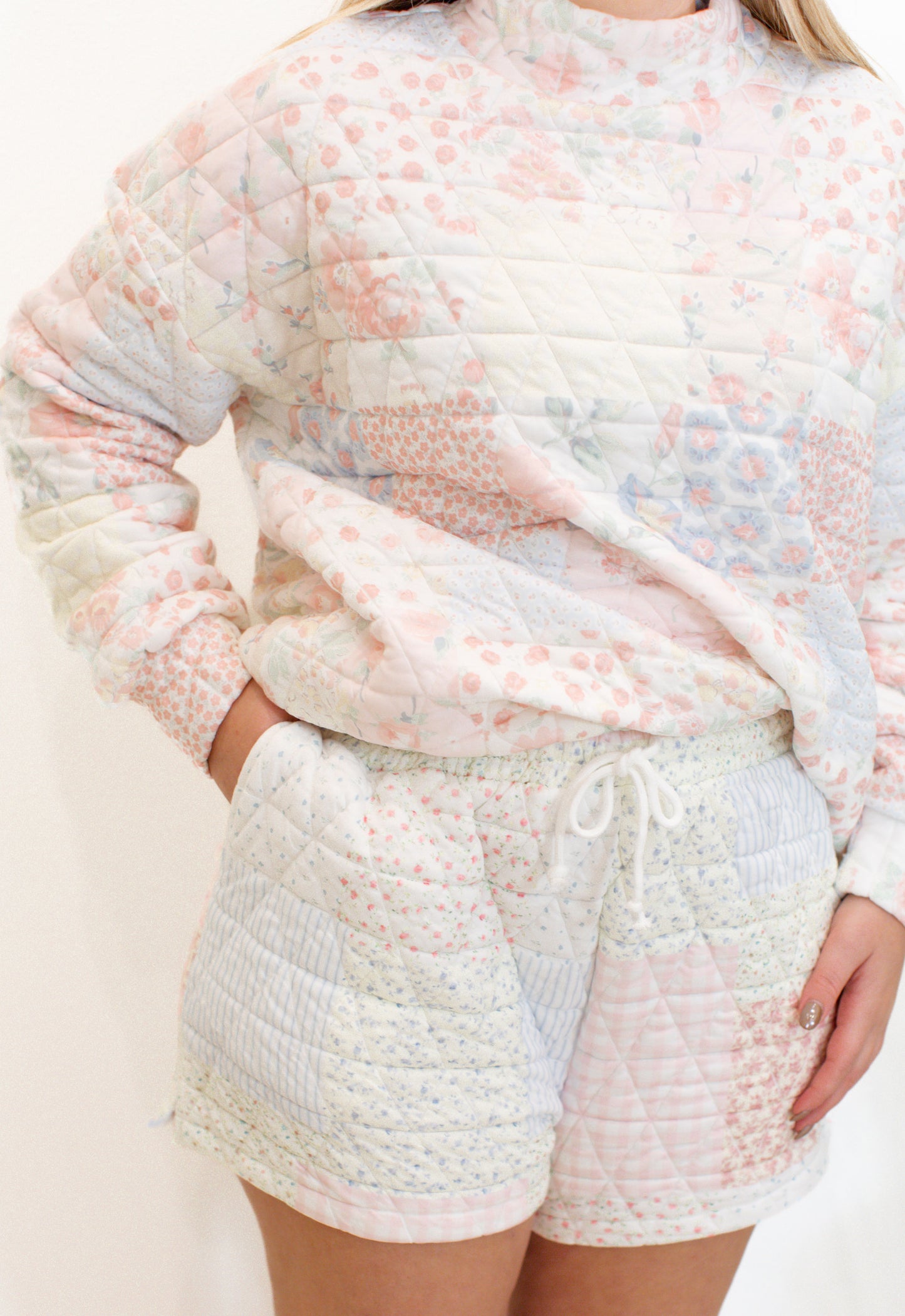 Floral Texture Mock Neck and Shorts Set