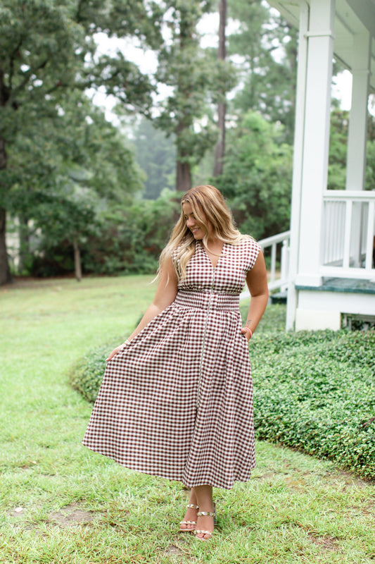 Chocolate Gingham Zipper Dress