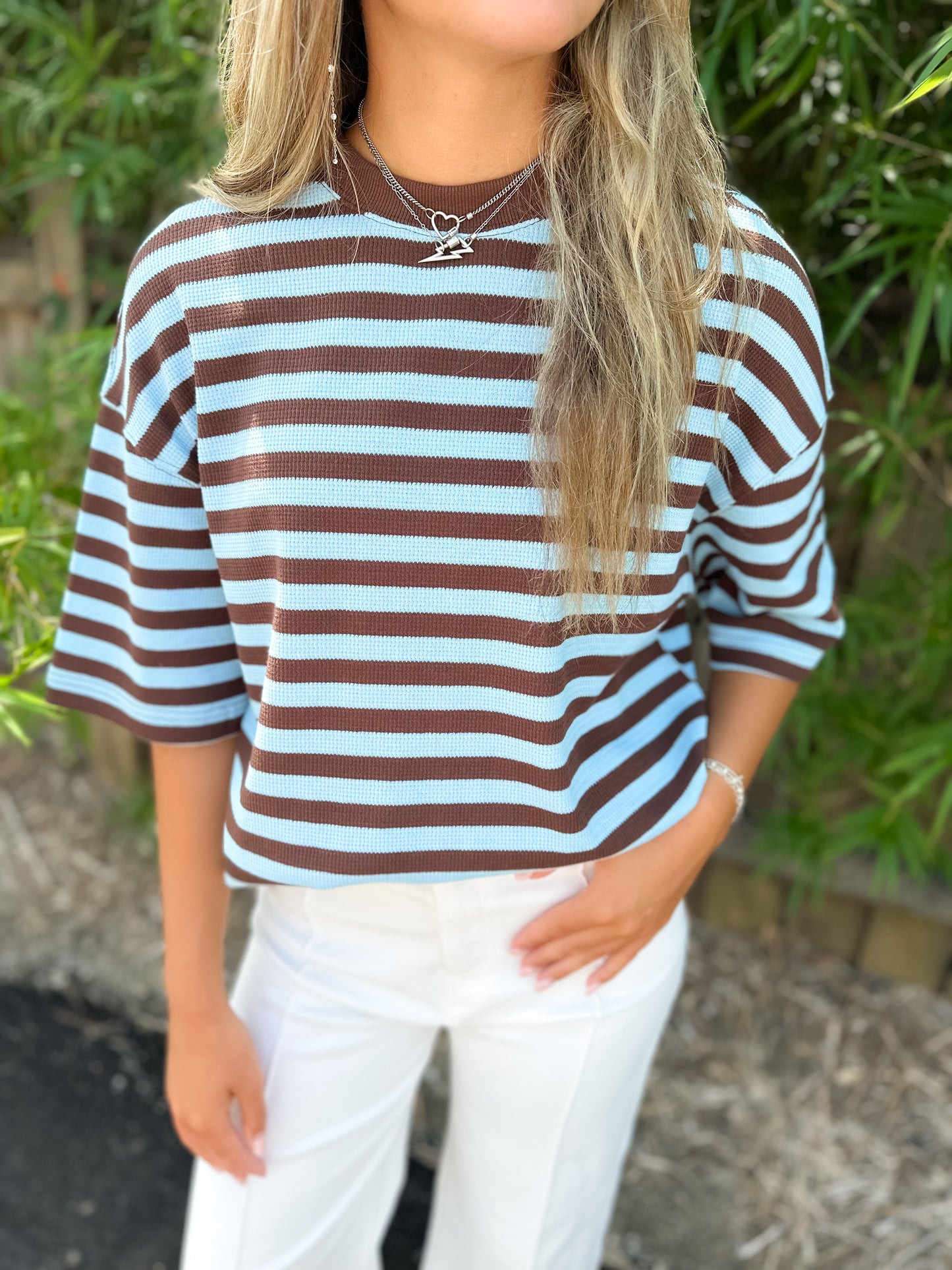 Blue/Brown Striped Short Sleeve Top