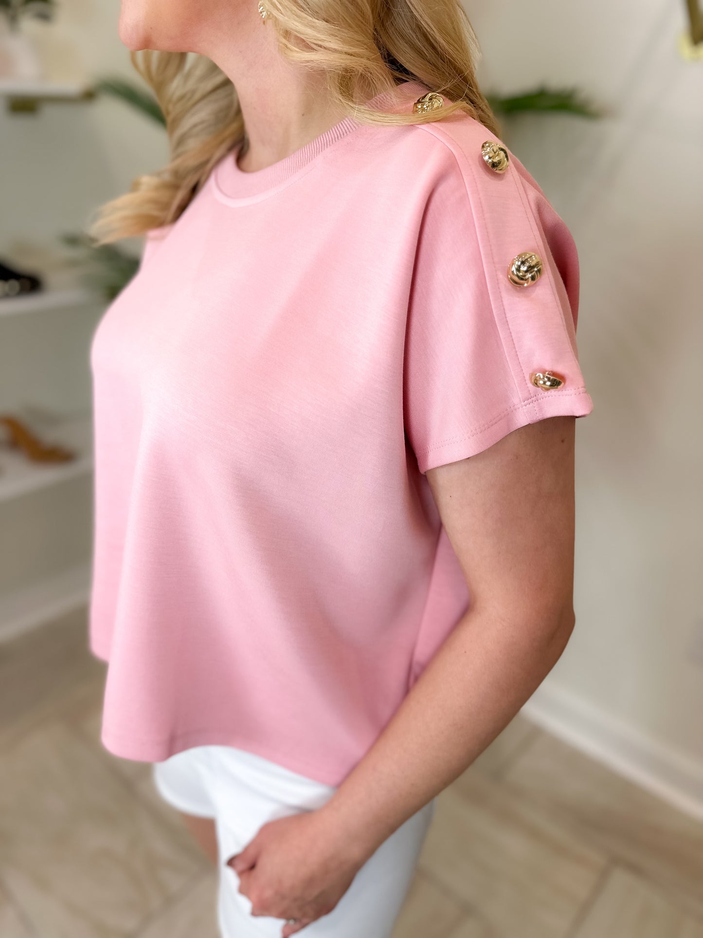 Round Neck Short Sleeve Top - Pink