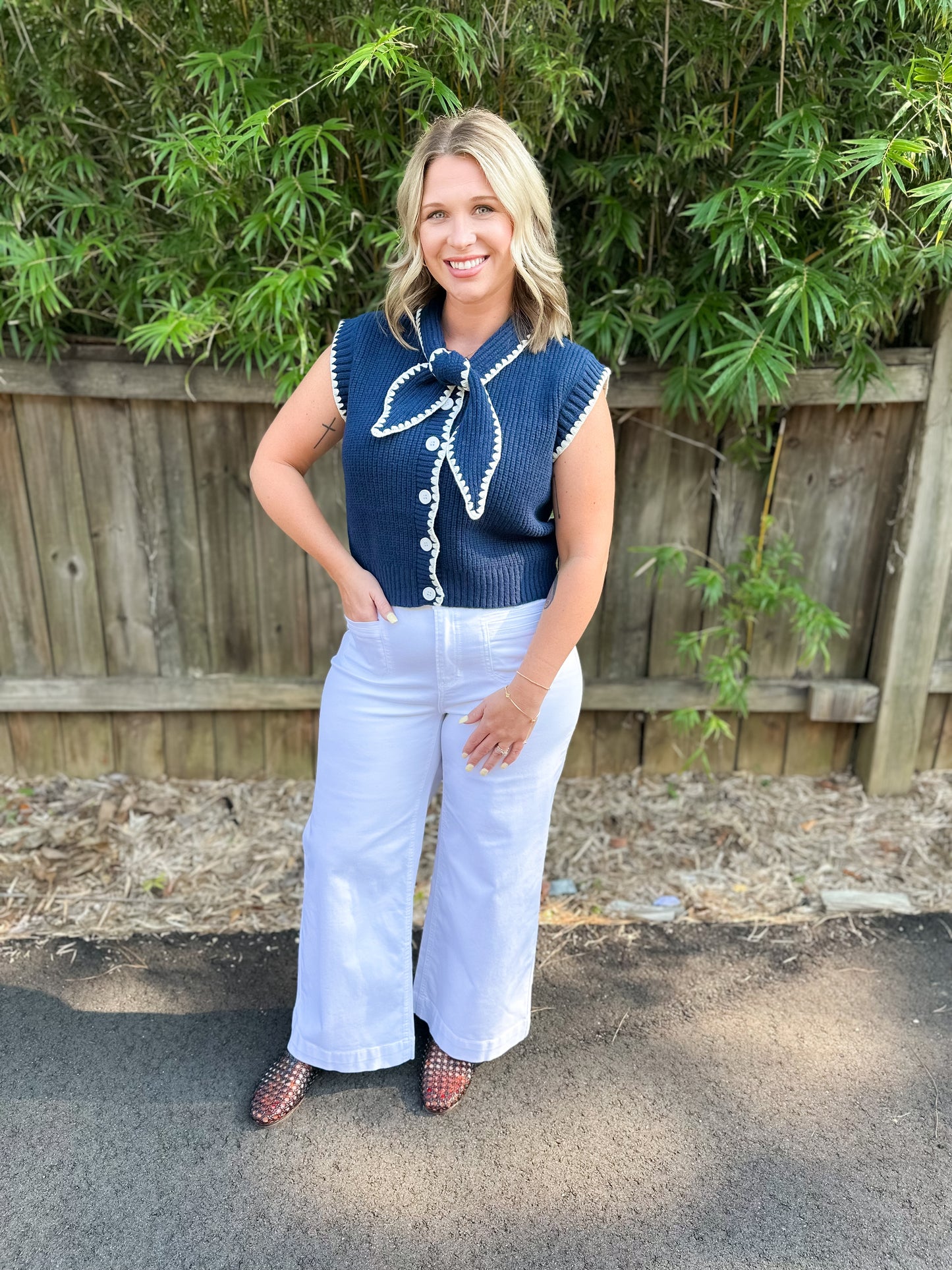 Tie Neck Sweater Vest With Contrast Stitching