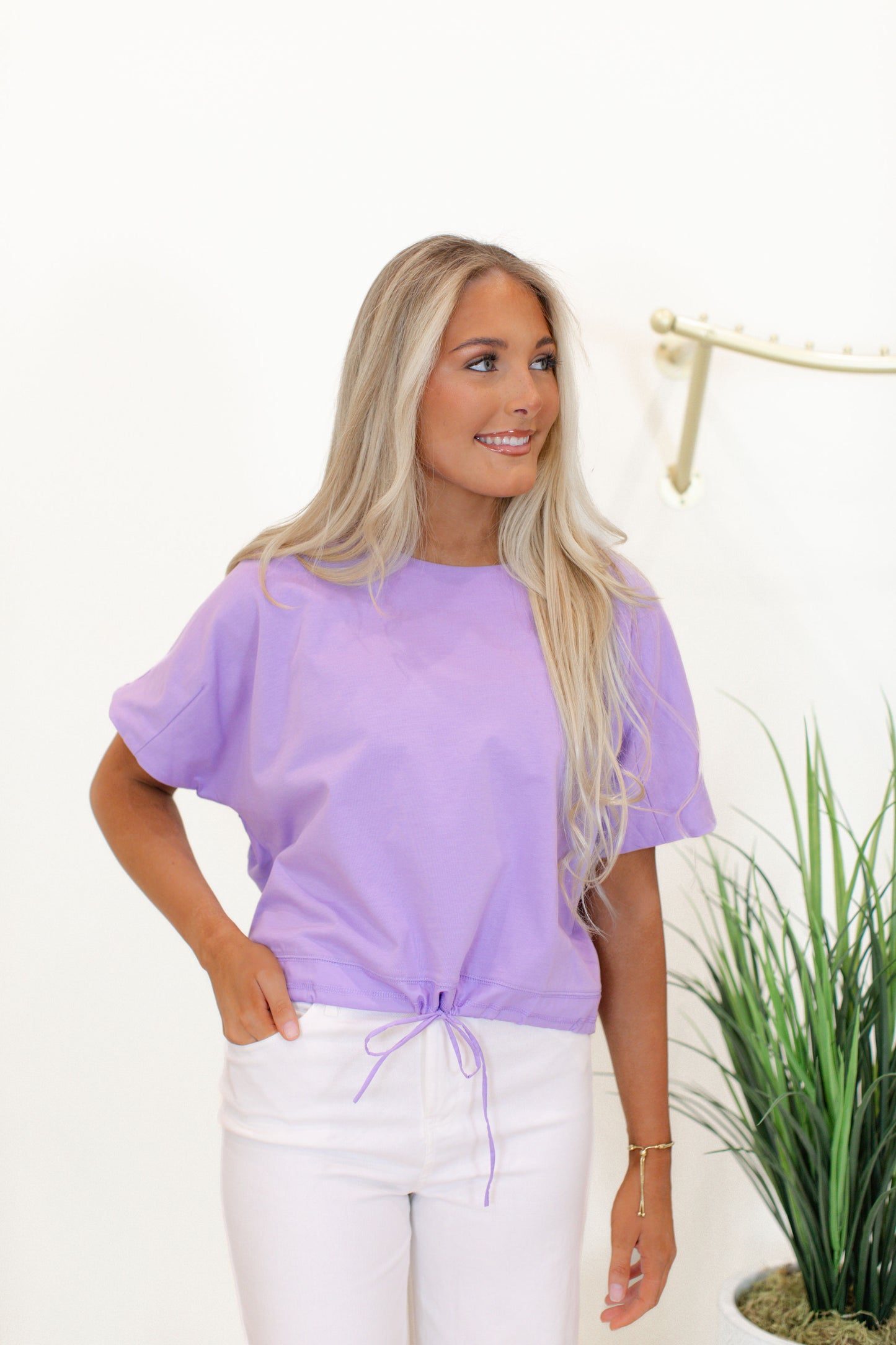 Lavender Short Sleeve Round Neck With Adjustable Drawstring Hem