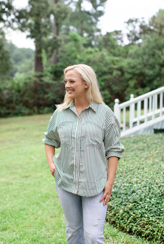 Green and Cream Striped Button Down Top With Deep Front Pockets