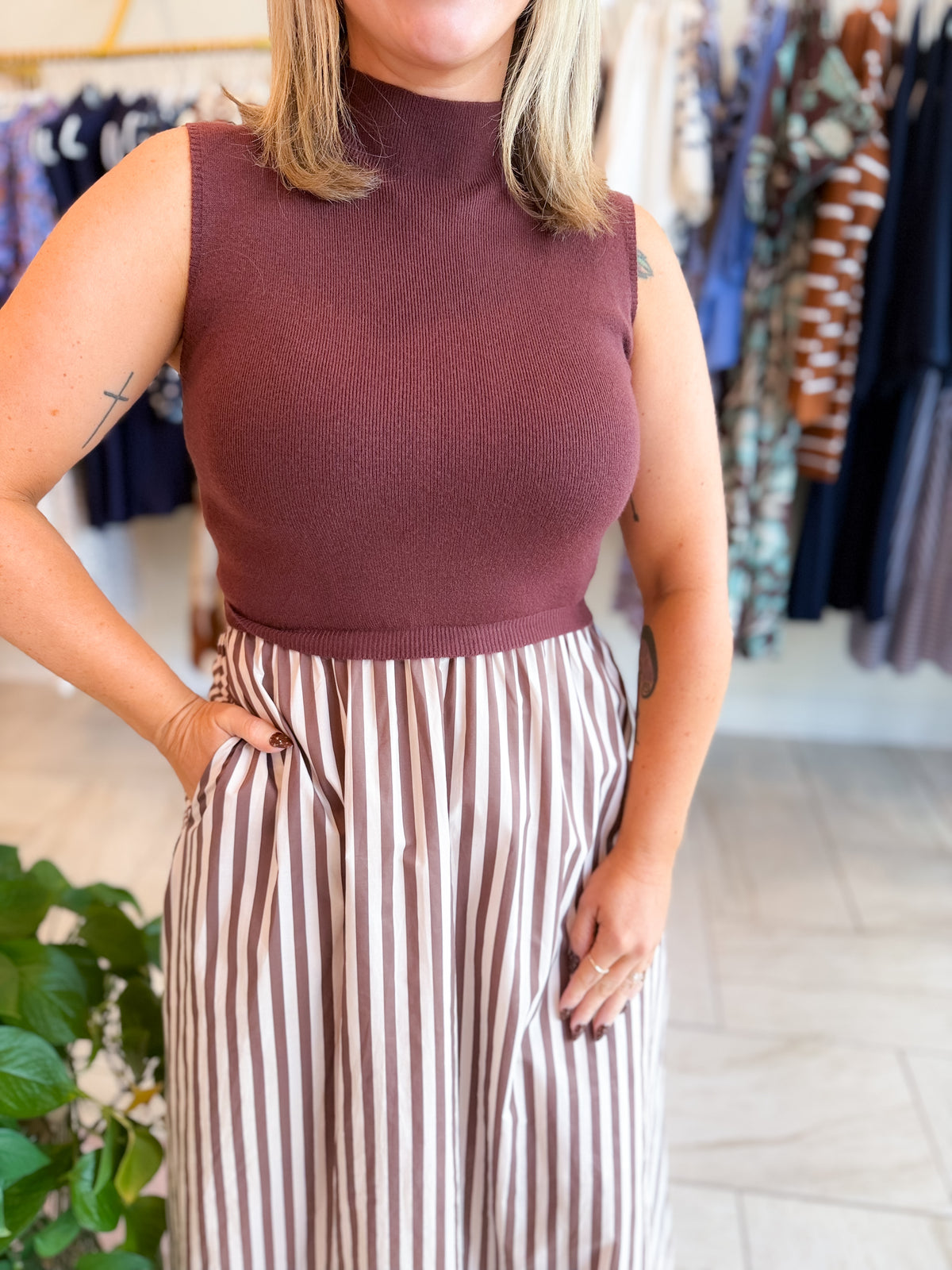 Solid Mock Neck Sleeveless Midi Dress Featuring Striped Skirt