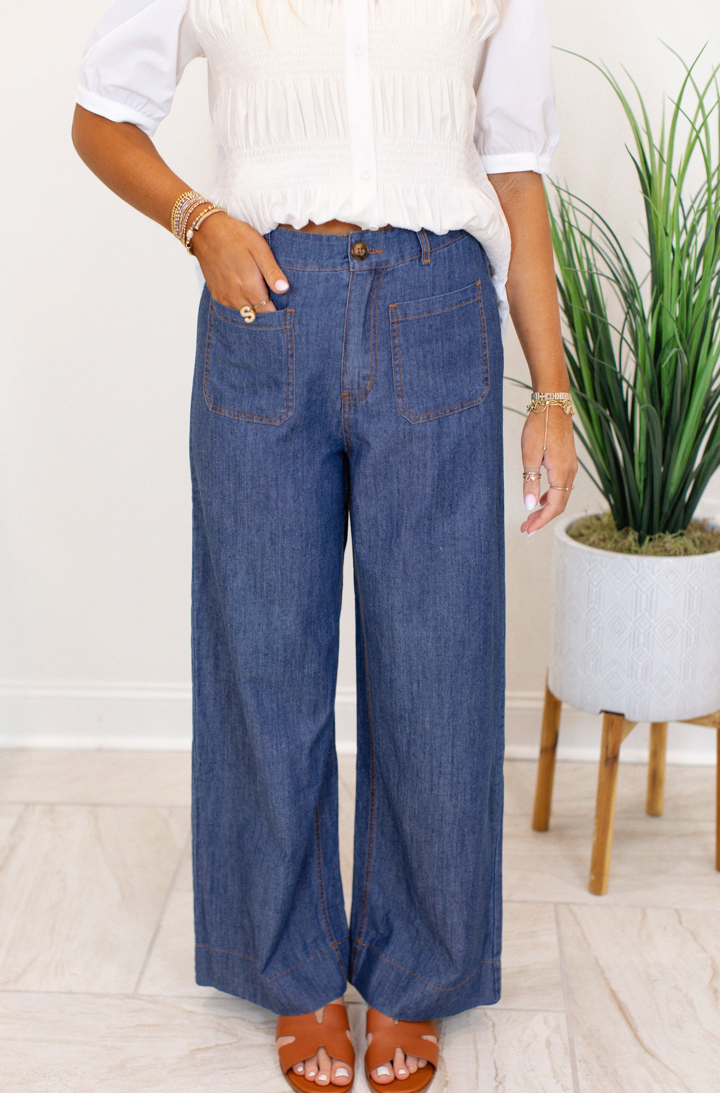 Denim Wide Leg Pants - Dark Denim