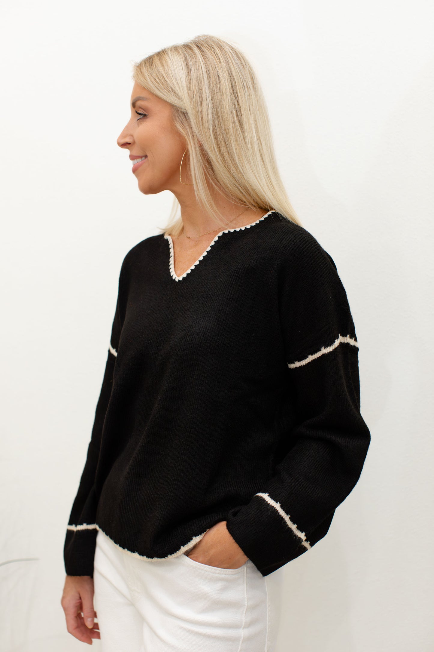 Ribbed V-Neck Notched Soutache Sweater