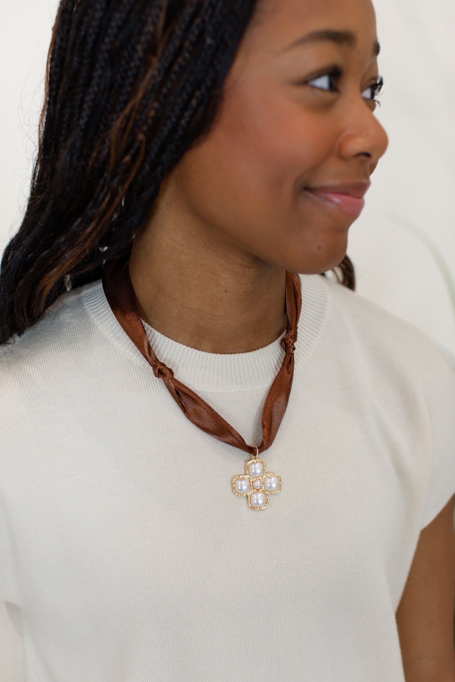 Brown Satin Scarf Necklace - Pearl Cross