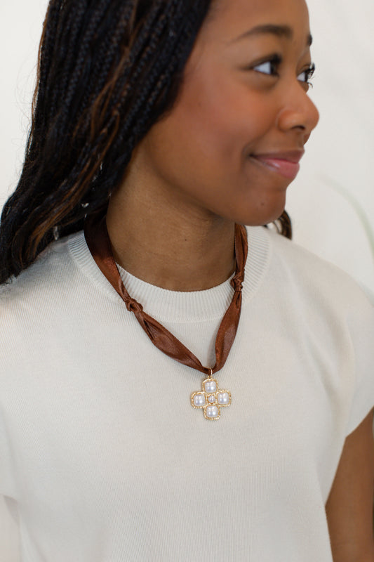 Brown Satin Scarf Necklace - Pearl Cross