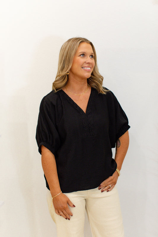 Black Braided V-Neck Top