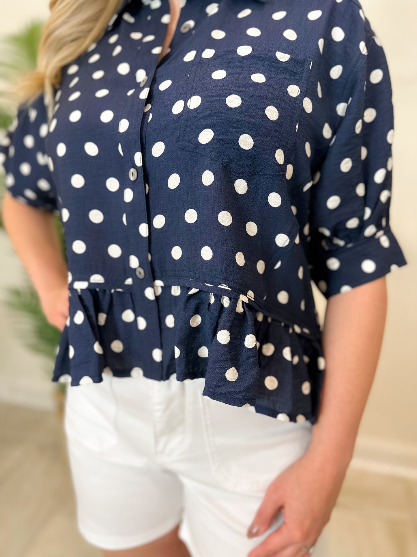 Polka Dot Short Sleeve Waist-Length Top Featuring Ruffle Hem