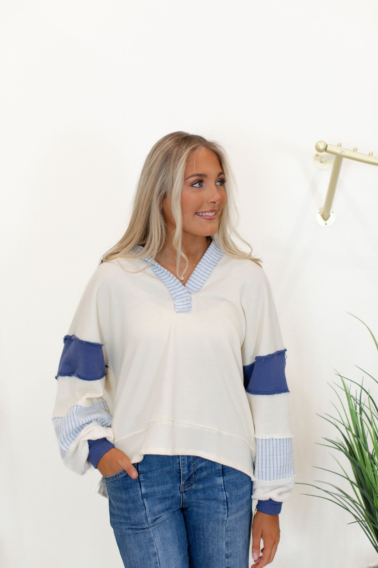 Ivory/Navy French Terry Knit Color-Block Collard Loose Fit Top