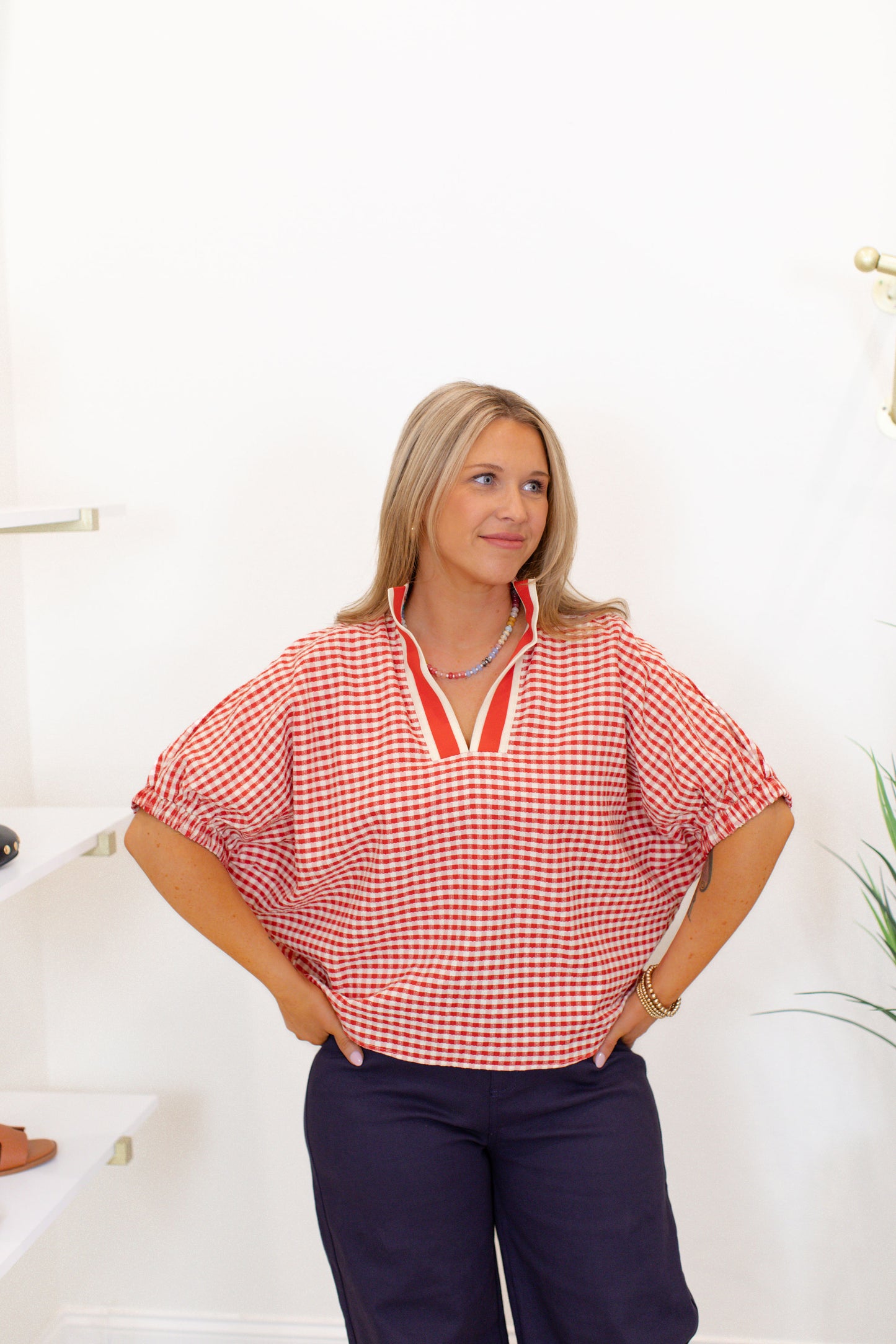 Red Gingham Short Dolman Sleeve Top