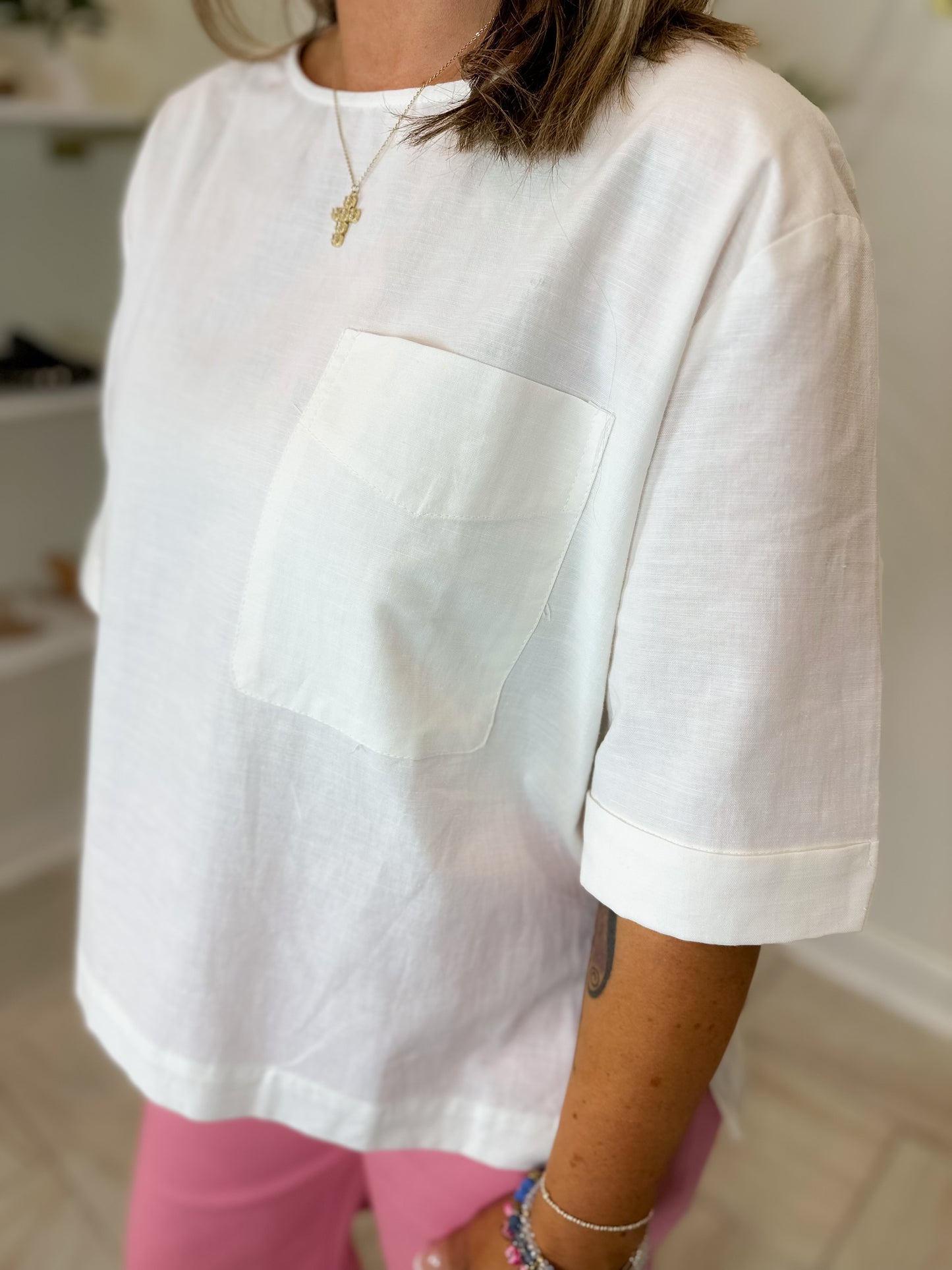 Round Neck Half Sleeve Top Featuring Chest Pocket