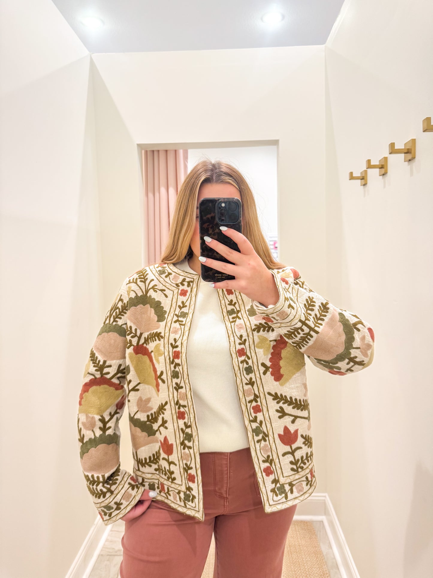 Embroidered Cotton Blend Basketweave Jacket
