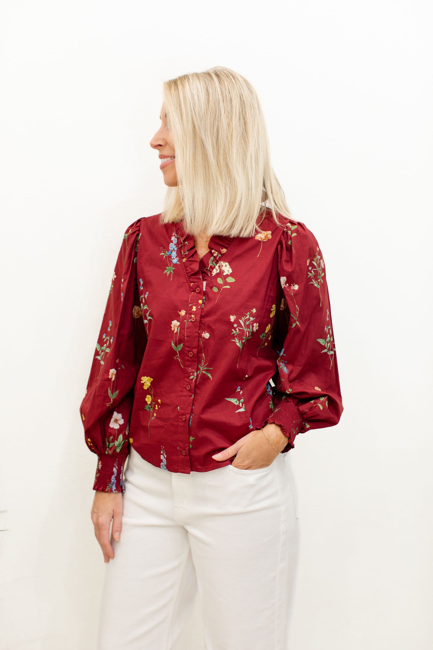 Burgundy Floral Button Down Long Sleeve Top
