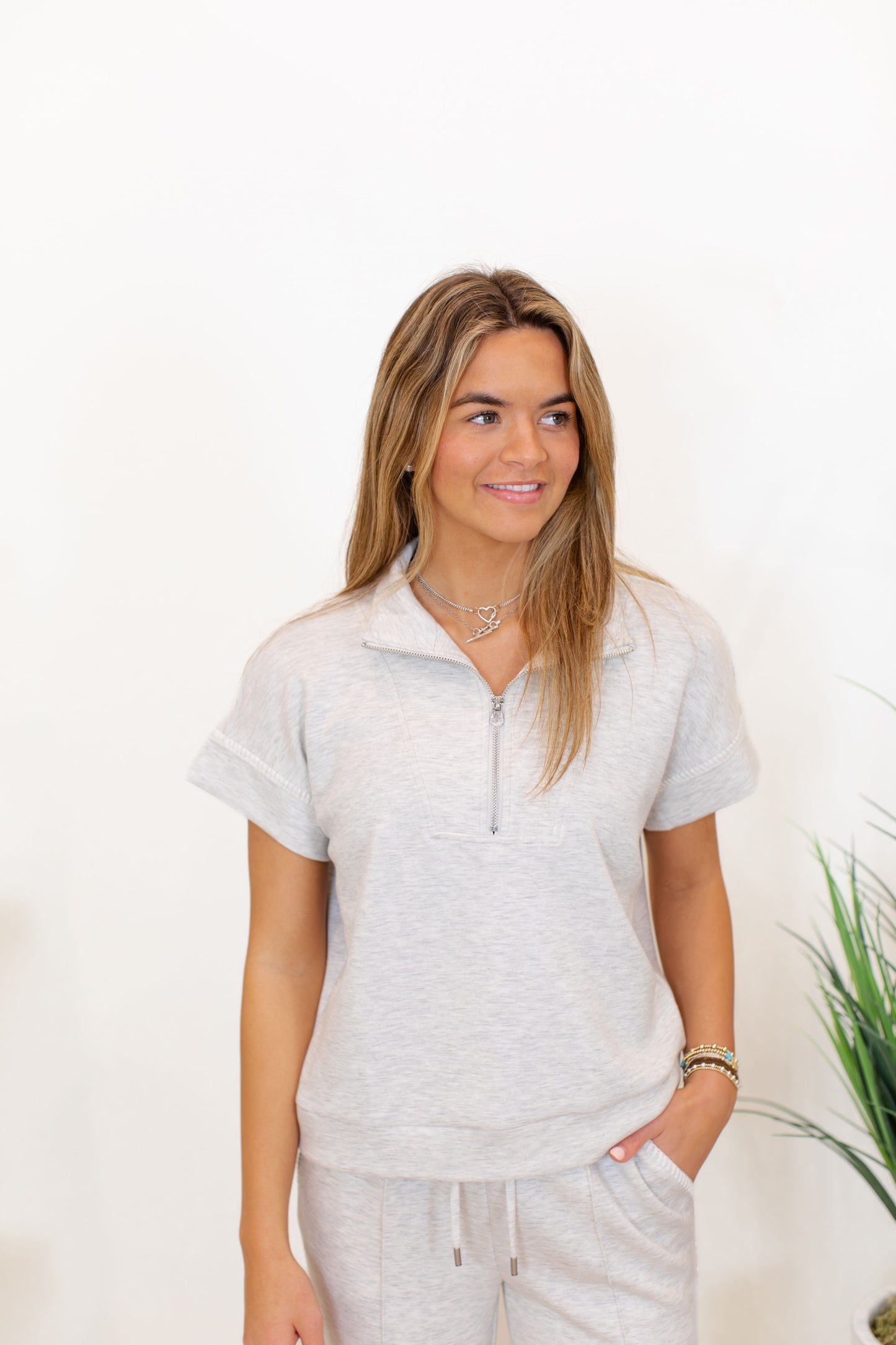 Short Sleeve Half-Zip Collar Top Soft Scuba Wide Leg Jogger Pants