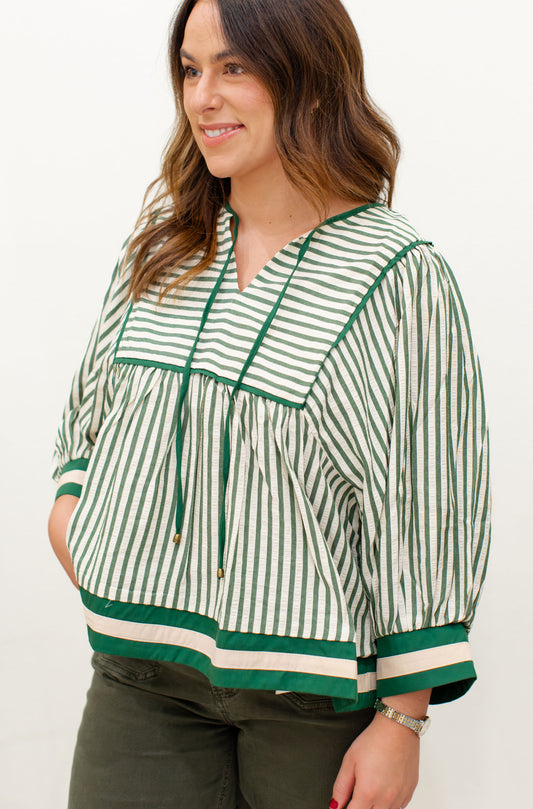 Green And Cream Striped Front Tye Blouse