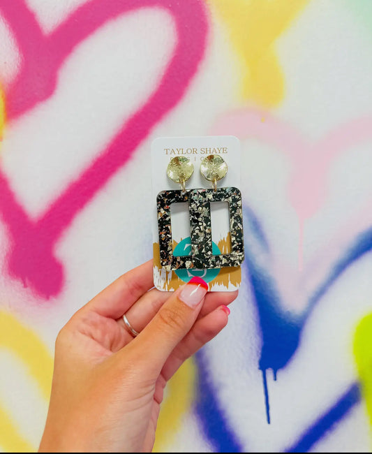 Black And Gold Rectangle Drops Earrings