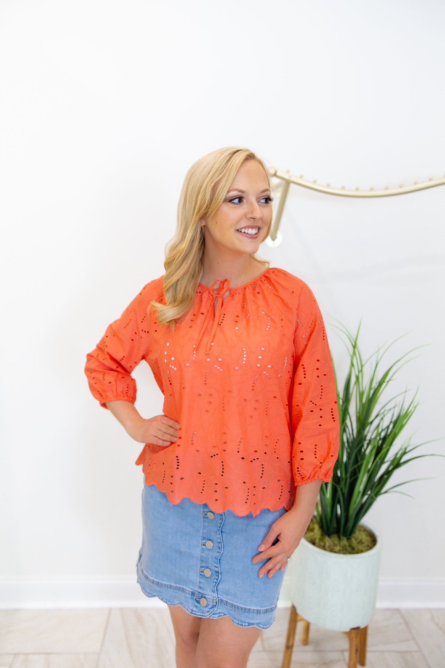 3/4 Raglan Sleeve Blouse With Ties At Notch Neckline