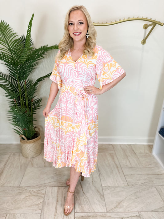 Printed Flutter Elbow Sleeve Fake Wrap Dress With Self Belt