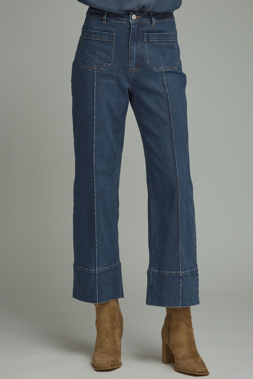 Solid Denim Wide Hem Front Seam Pants