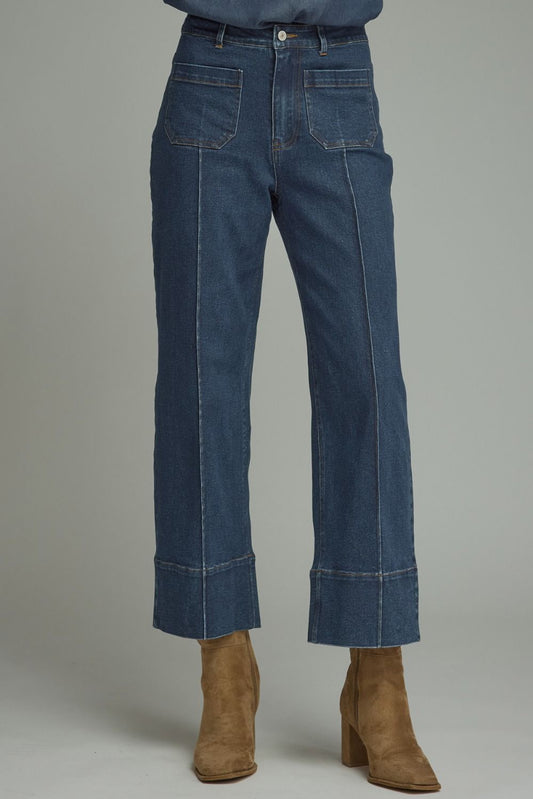 Solid Denim Wide Hem Front Seam Pants