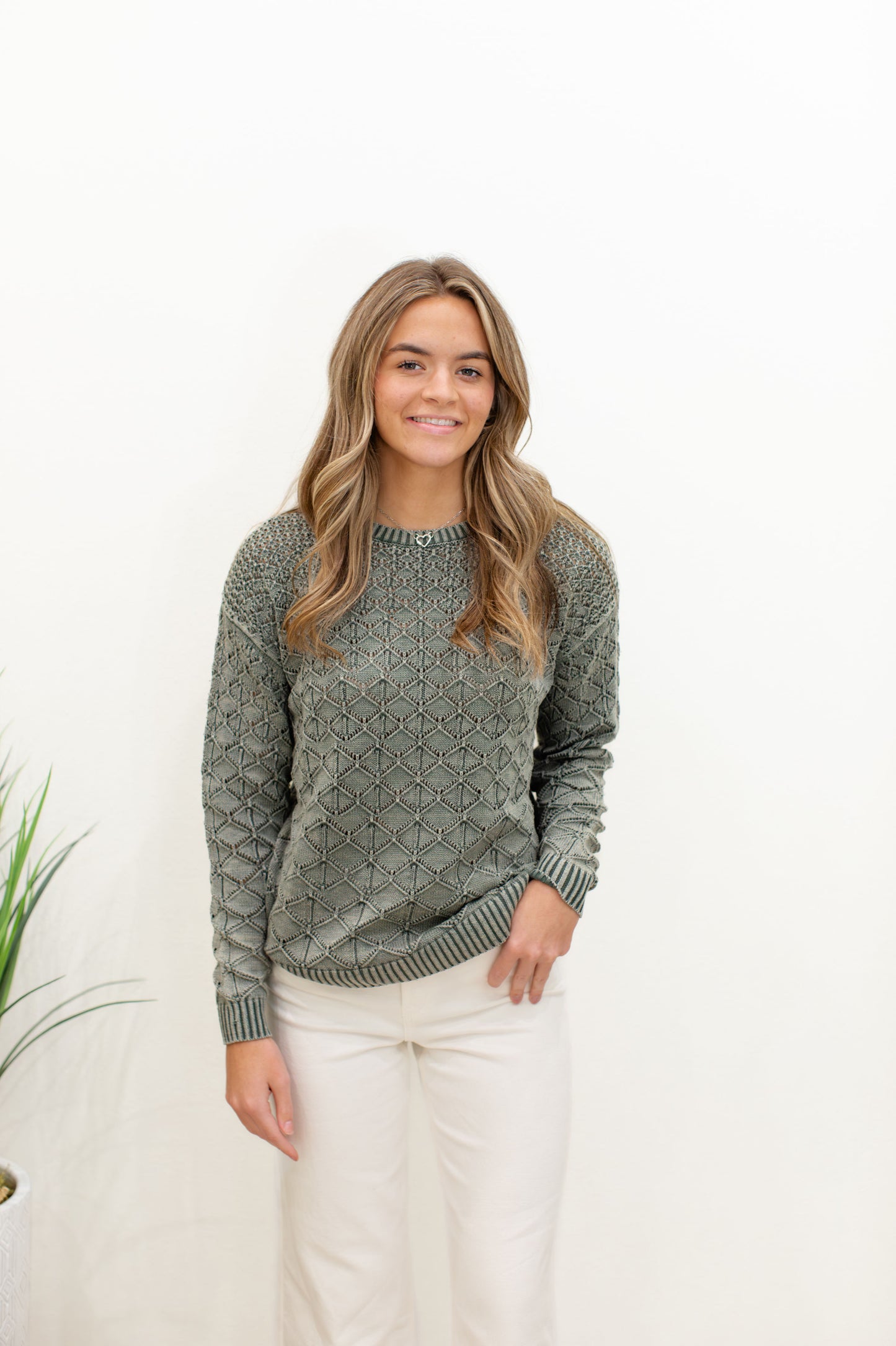 Spruce Cotton Blend Pointelle Crew Neck Sweater