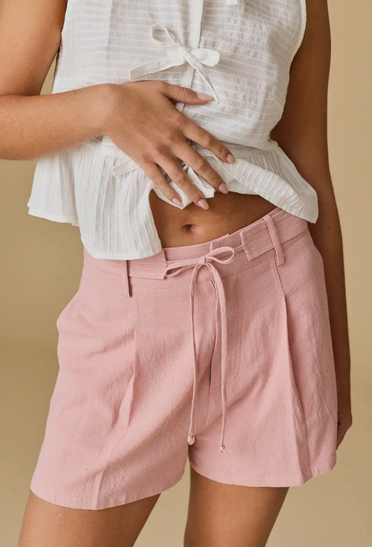 Pink Pleated Linen Shorts