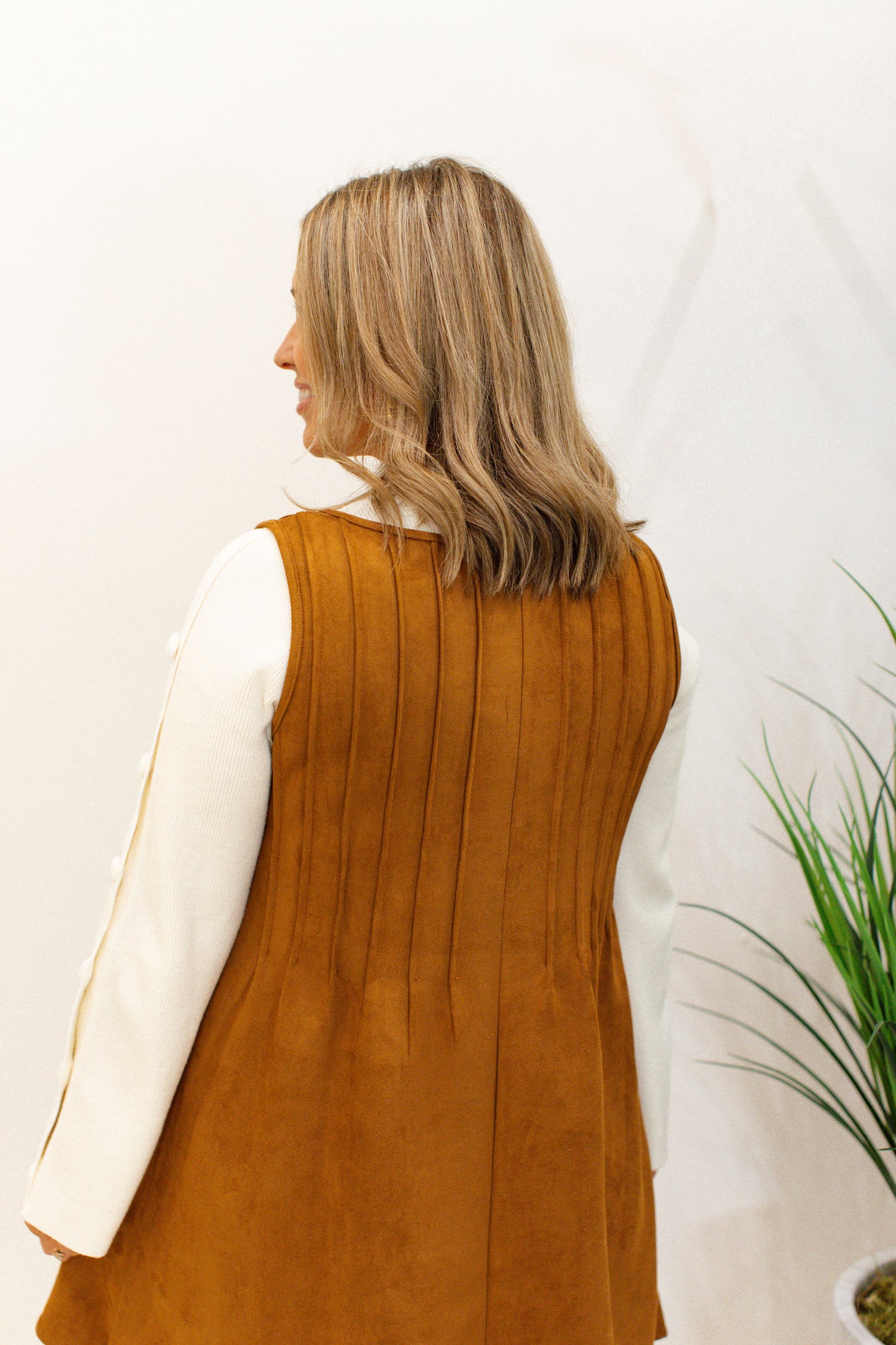 Suede Pintucked Sleeveless Mini Dress