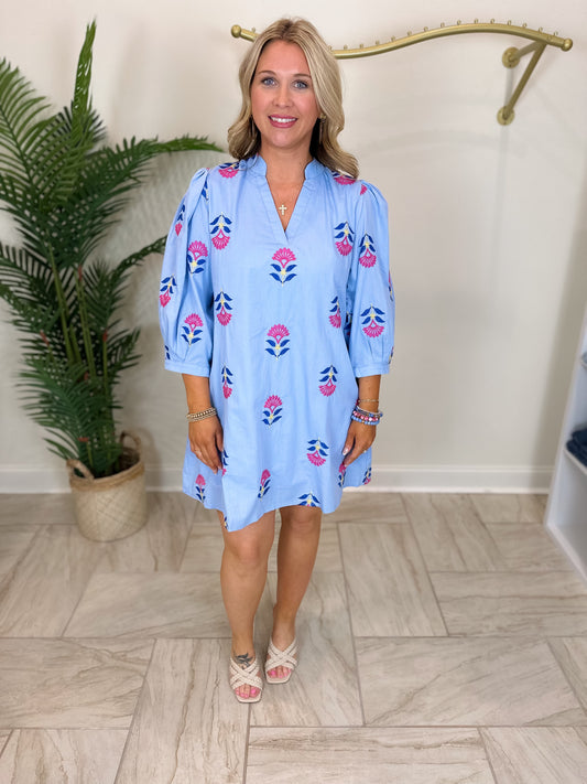 Embroidered 3/4 Puff Sleeve Mini Dress Featuring Split V-neck Band Collar