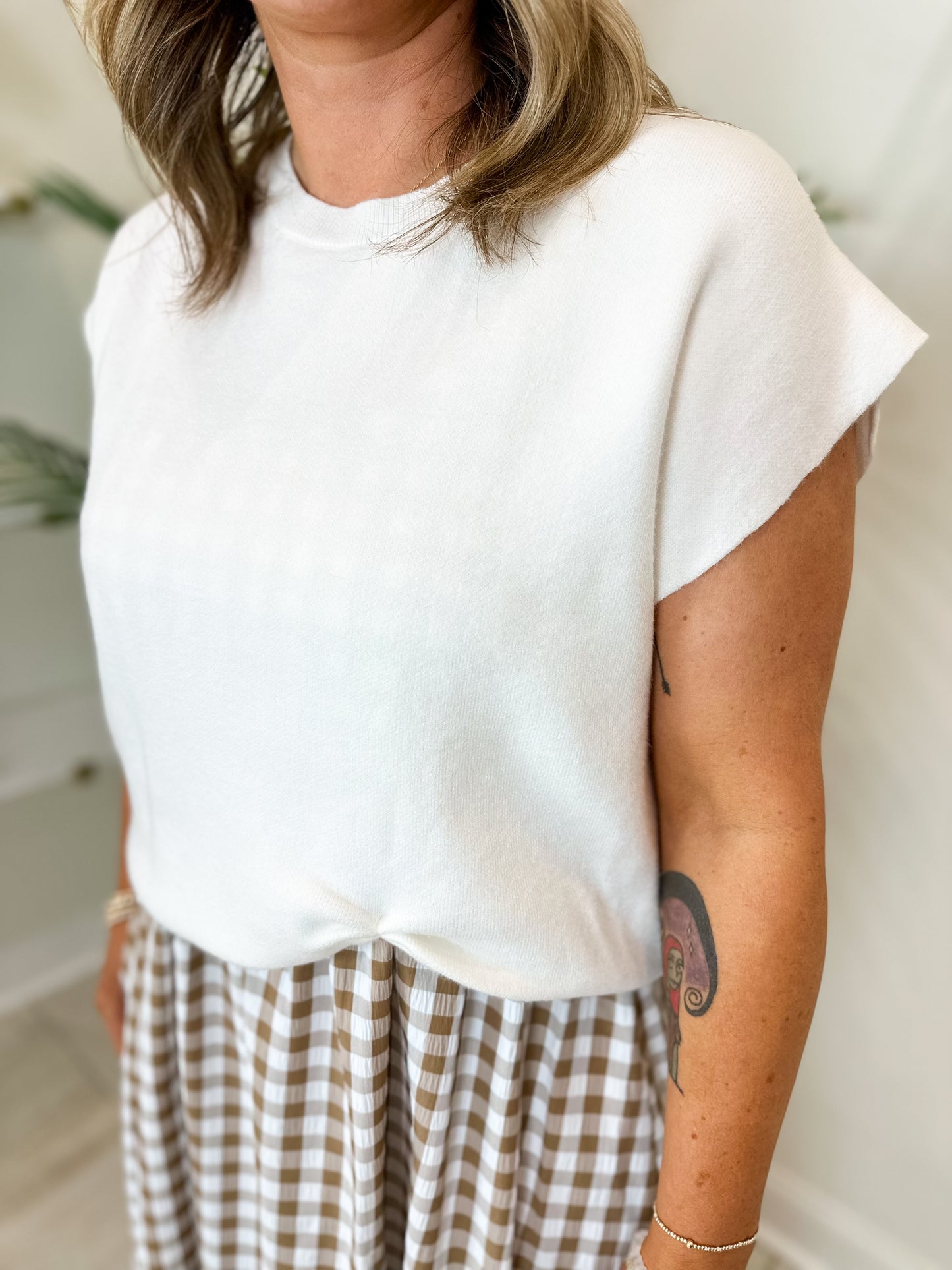 Brown Gingham Dress With Detachable Cream Sweater