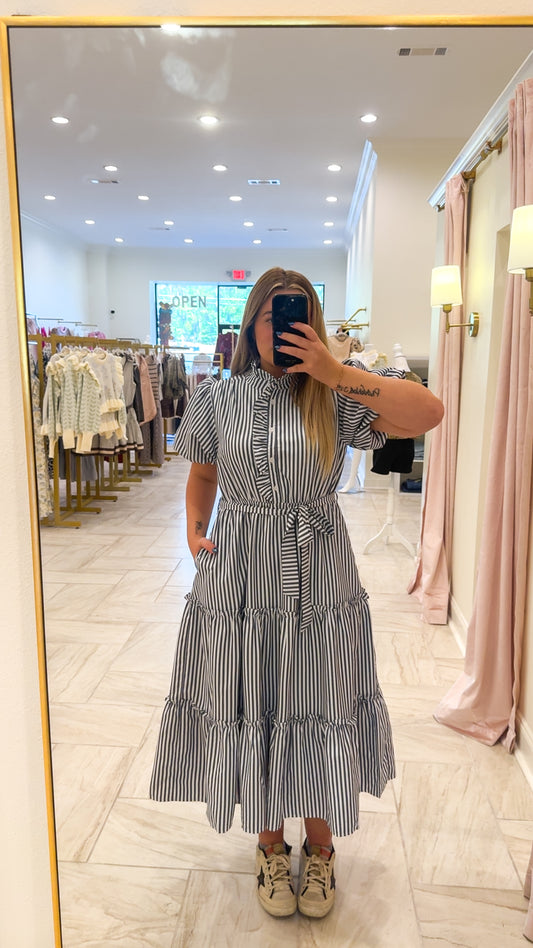 Navy Striped Ruffled Button Down Midi Dress