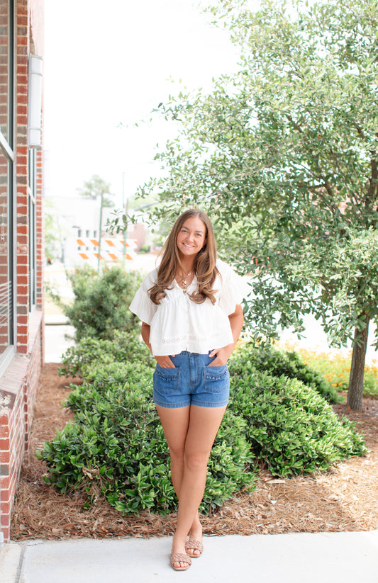 Ruffled Patch Pocket Denim Shorts