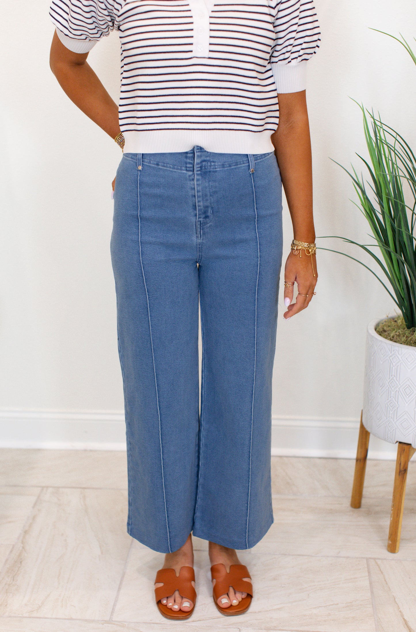 Solid High Rise Wide Leg Pants - Denim