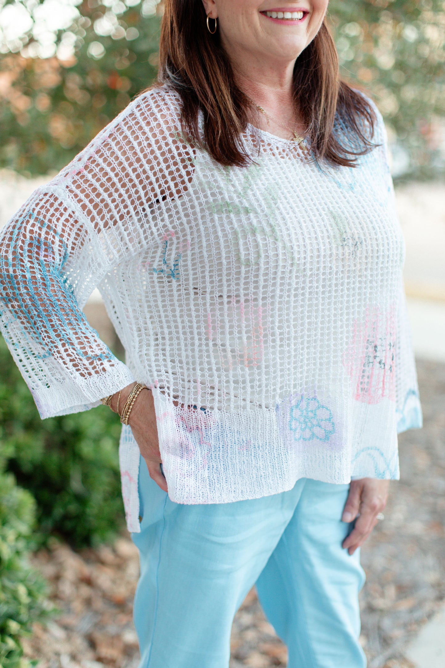 V-Neck Printed Fishnet Sweater-Watercolor