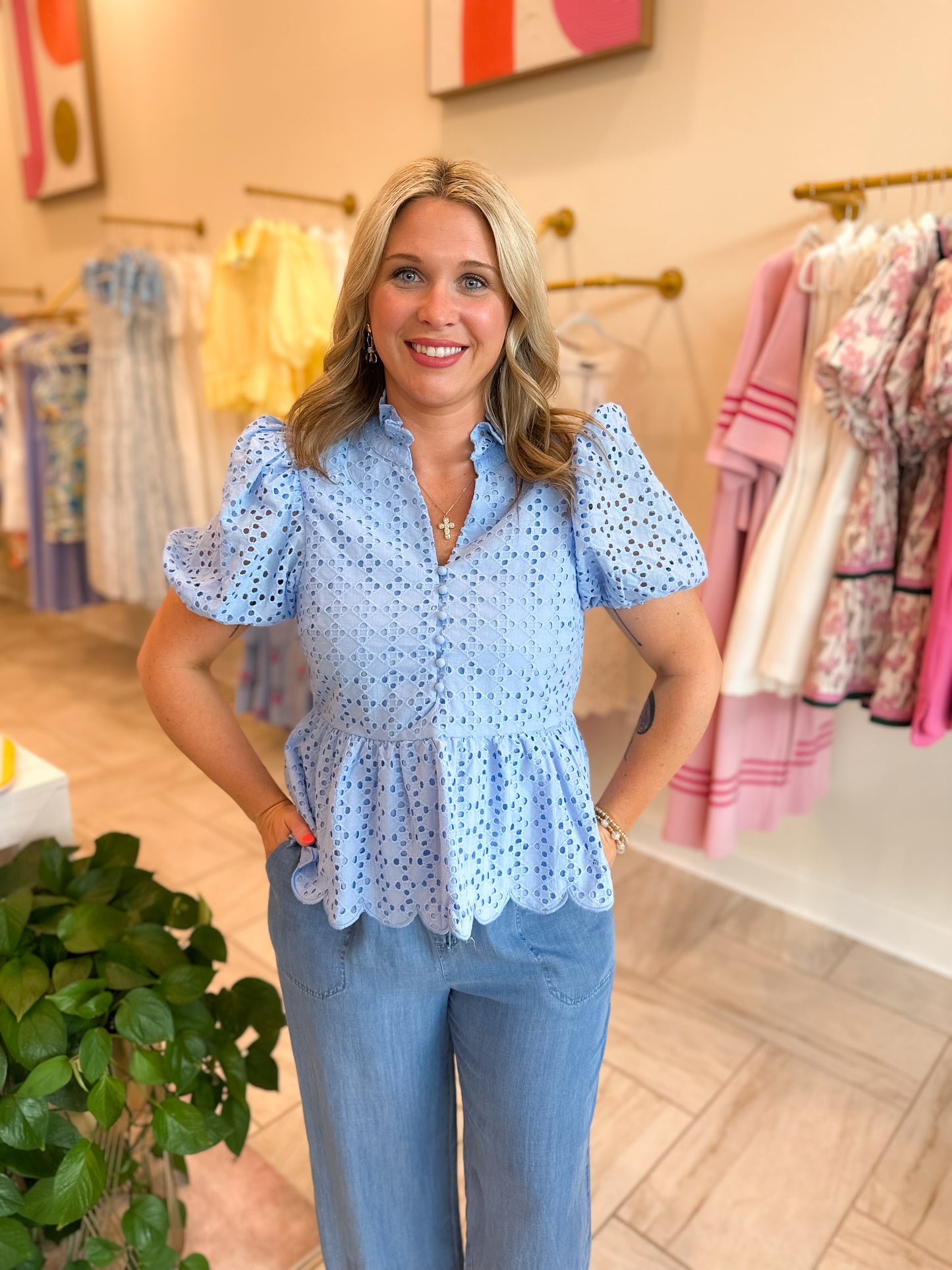 Blue Puff Sleeve Top With Eyelet Detail