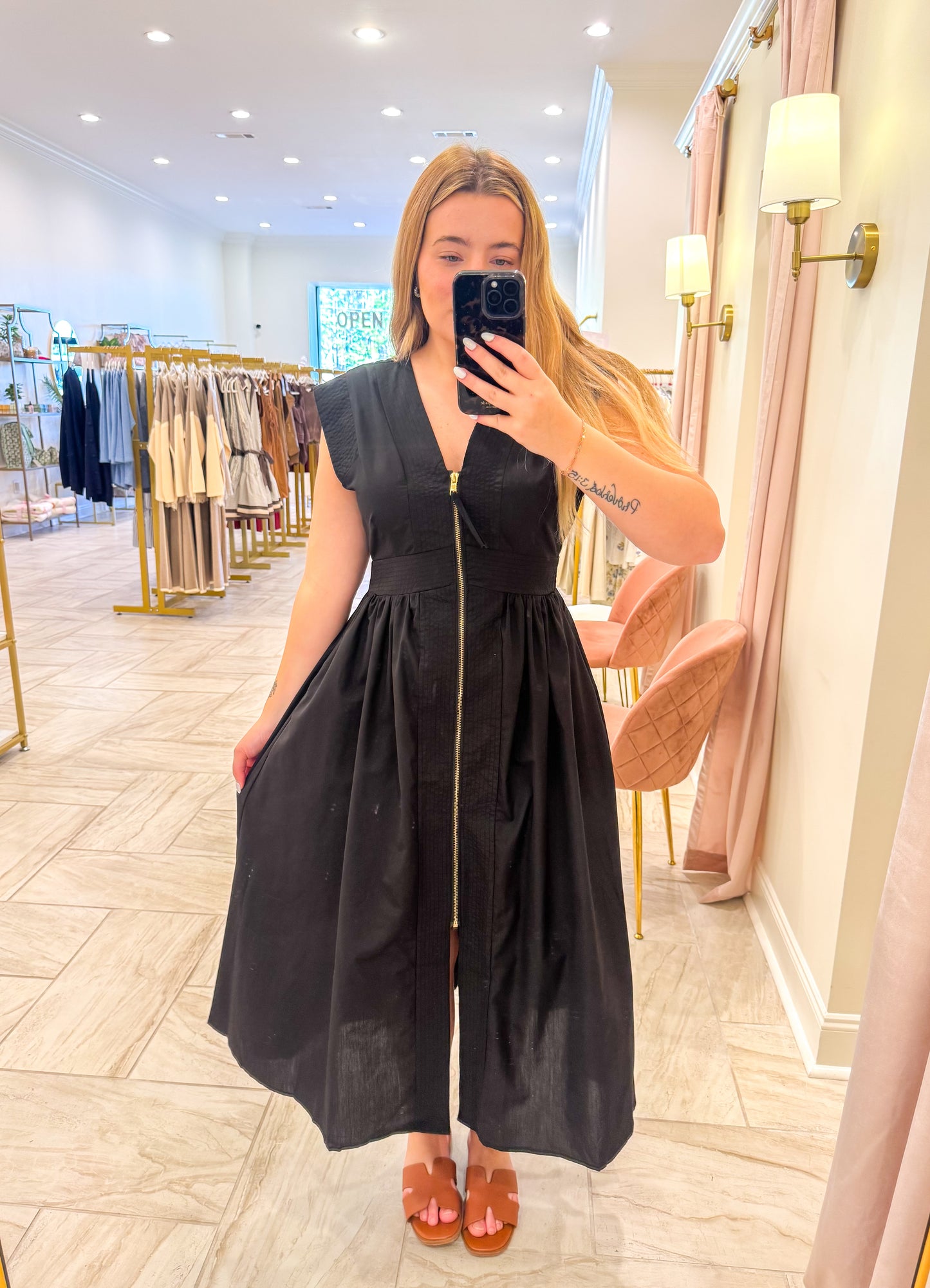 Black V-Neck Zip Up Midi Dress