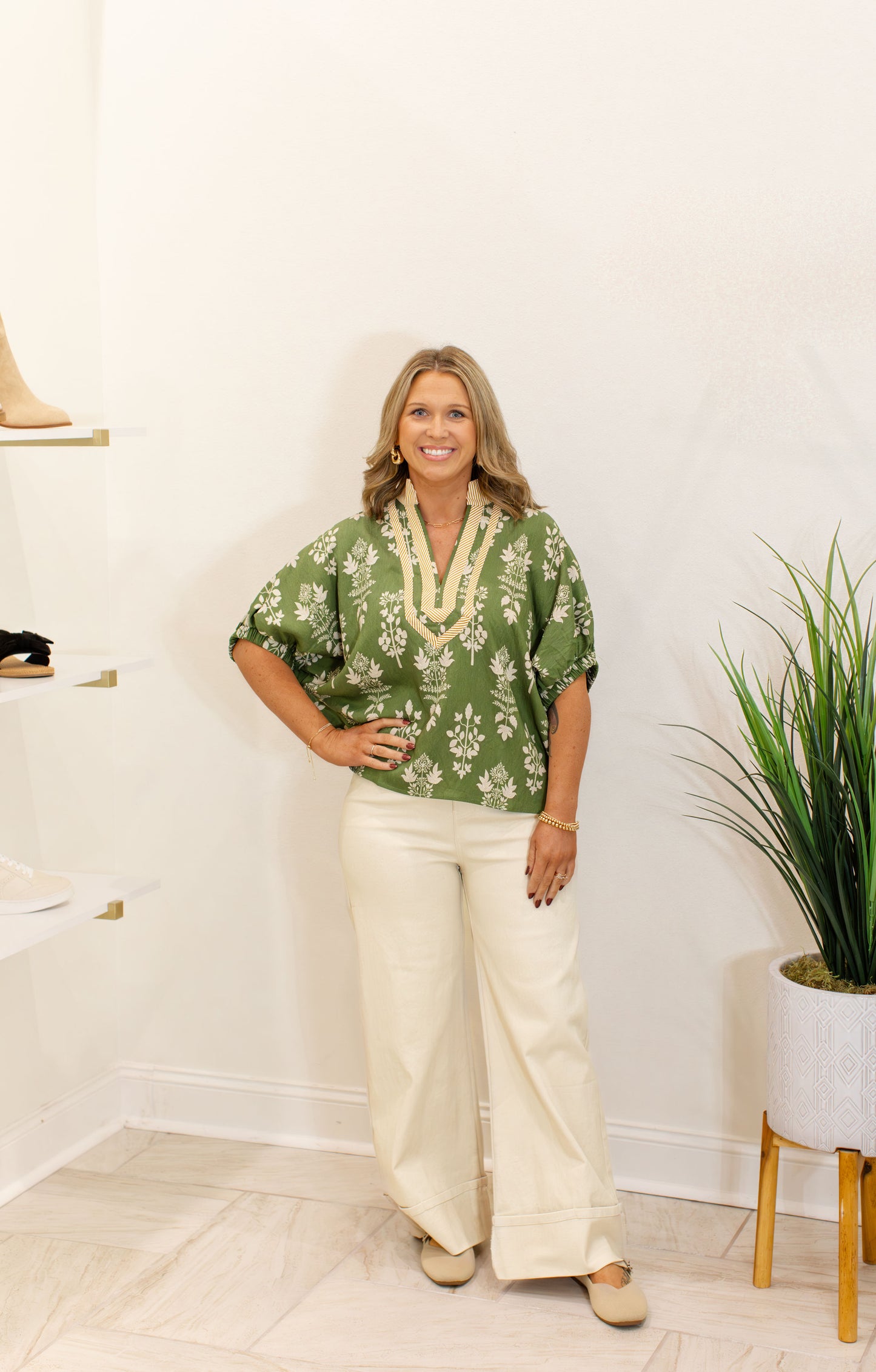 Olive V-Neck Floral Top