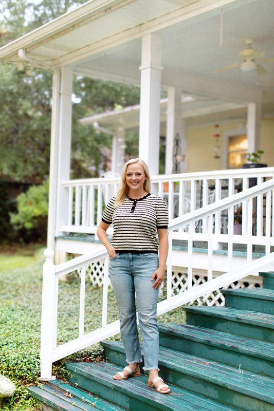 Black Stripe Scallop Neck Sweater Top