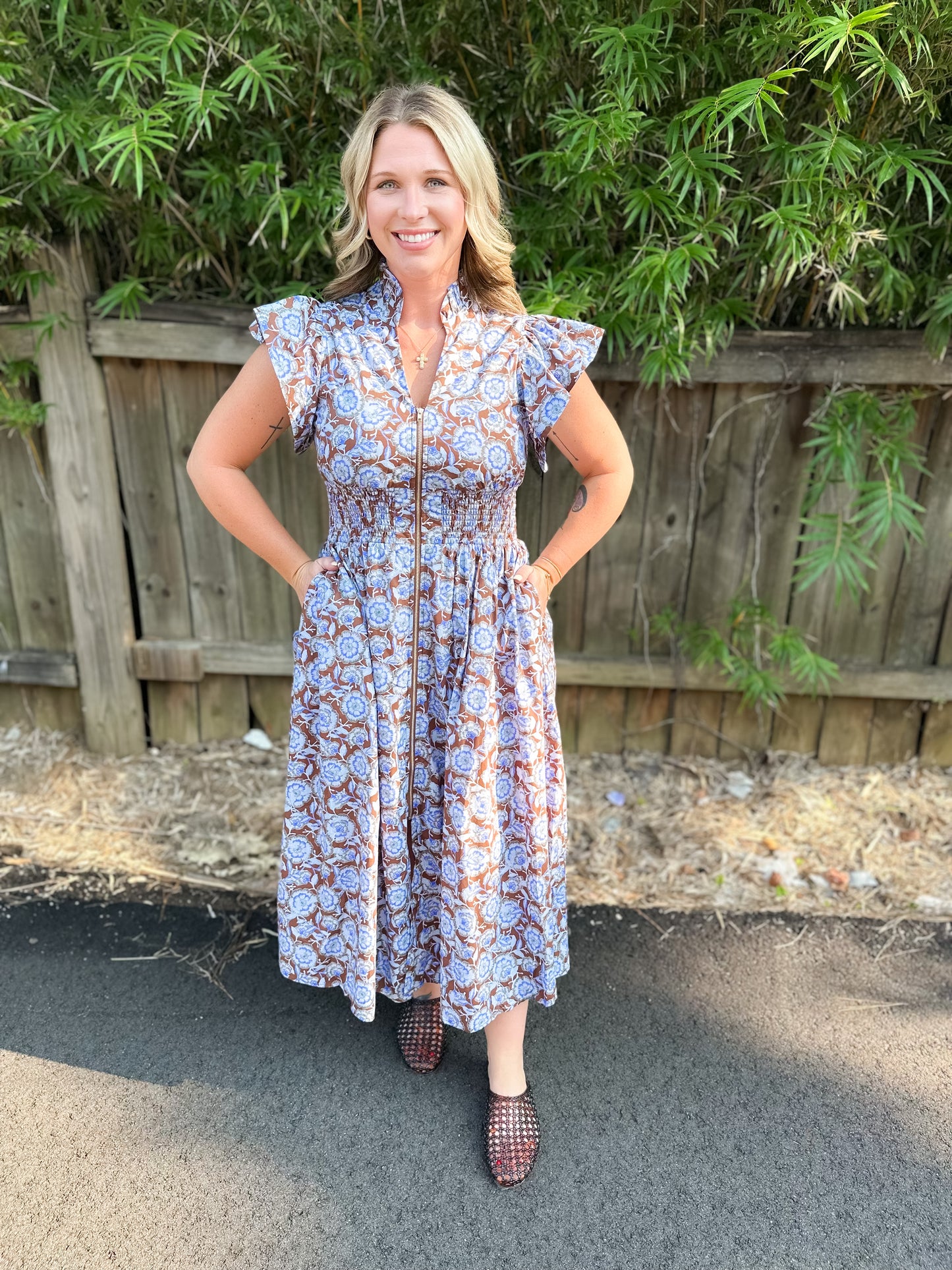 Floral Print Ruffle Sleeve Midi Dress