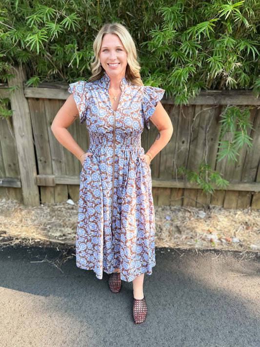 Floral Print Ruffle Sleeve Midi Dress