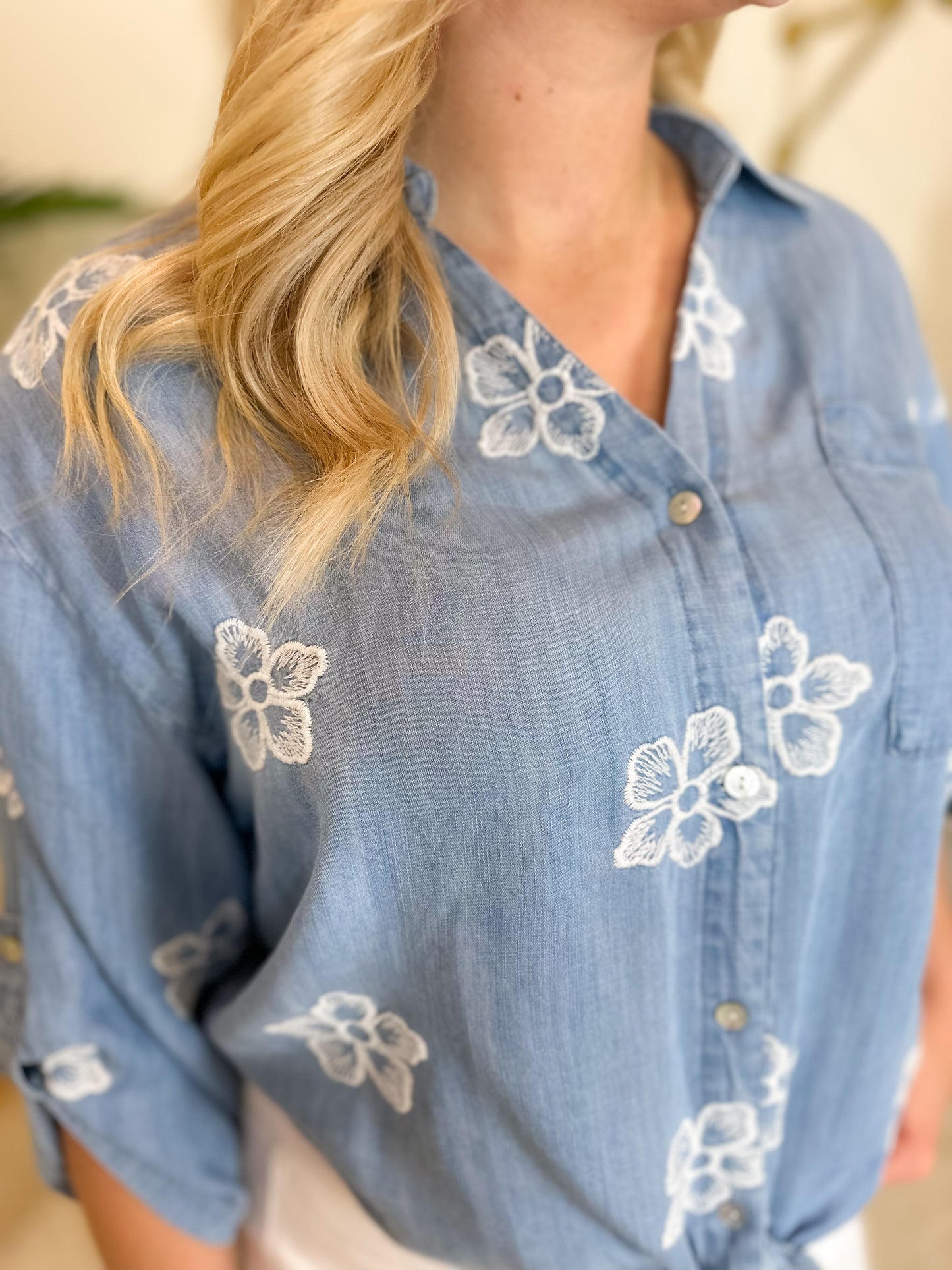 3/4 Rolled Up Sleeves Blouse With Floral Embroidery And Front Tie