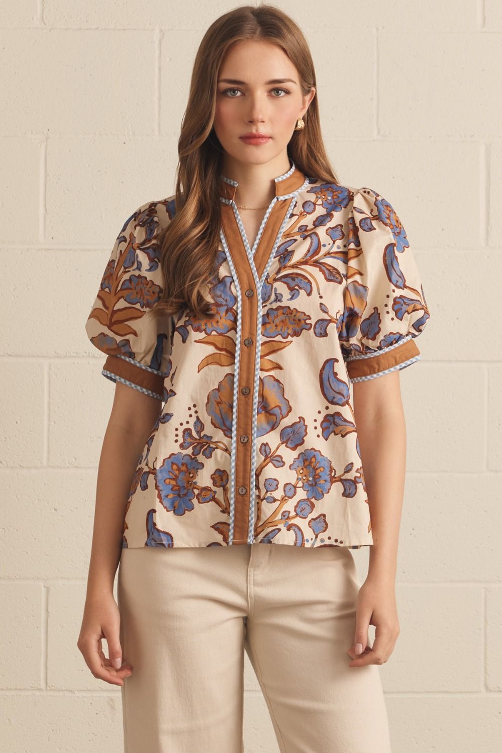Cream Floral Print Short Puff Sleeve Top