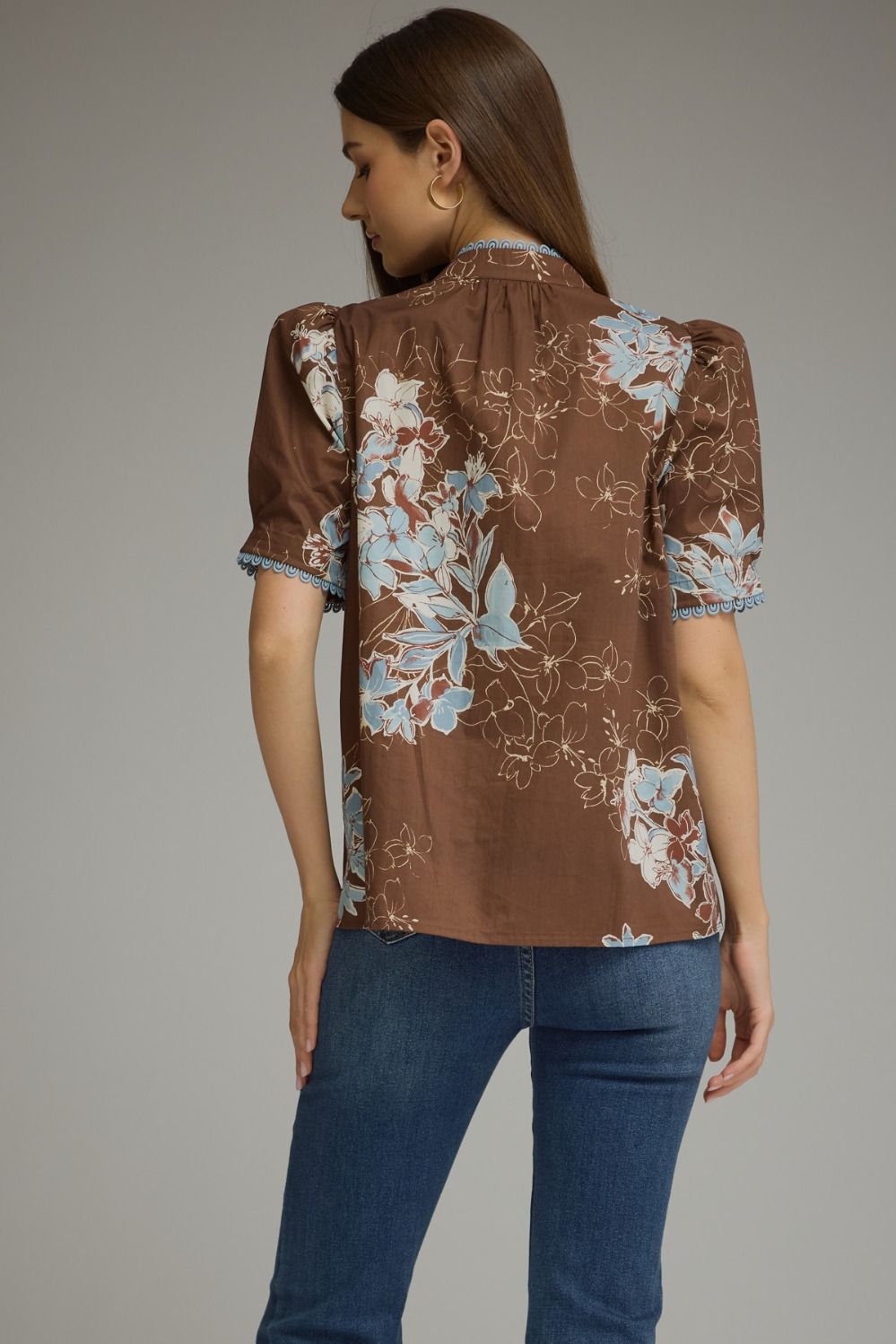 Brown Floral Print Puff Sleeve Top