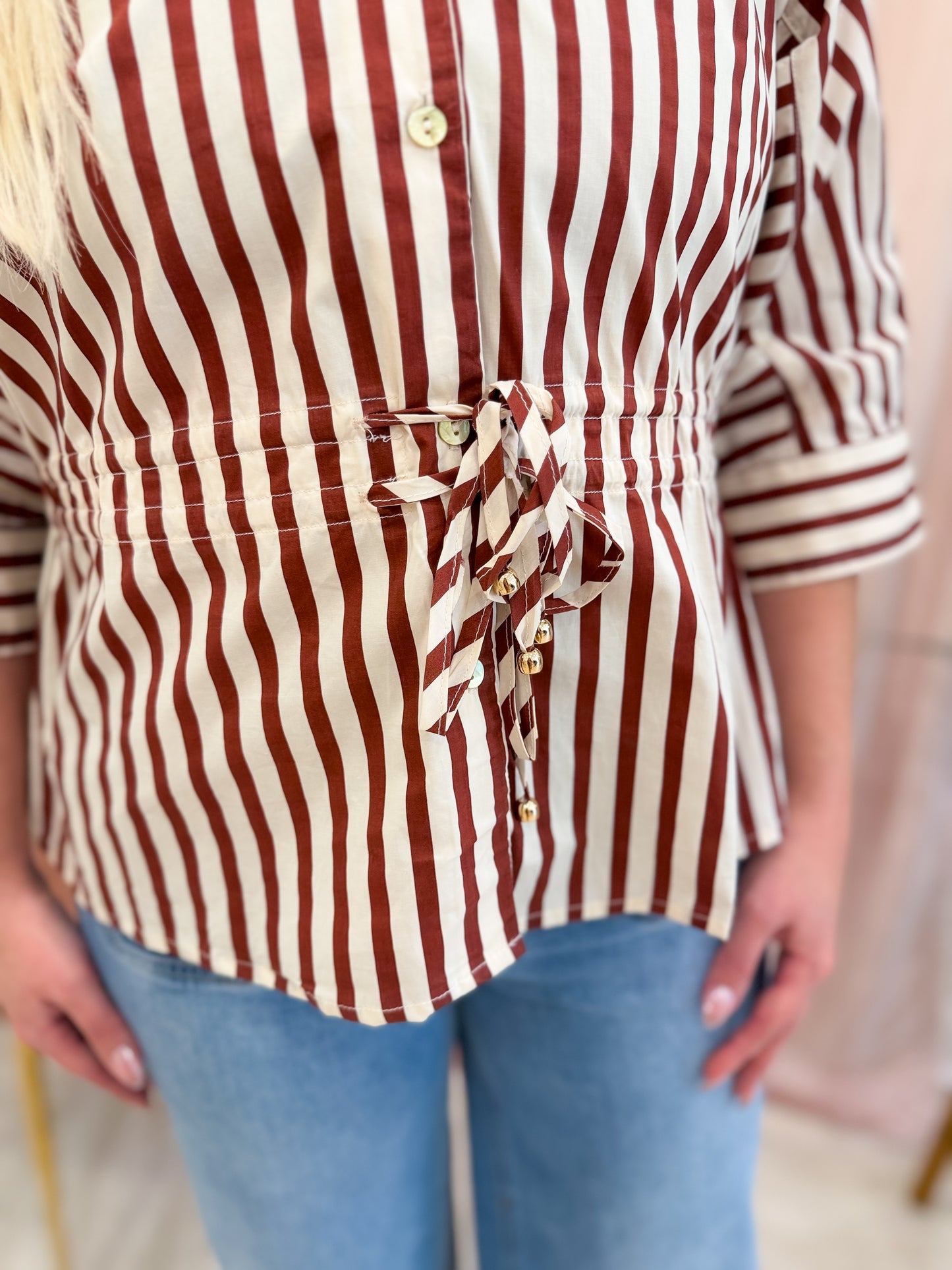 Stripe 3/4 V-Neck Sleeve Top