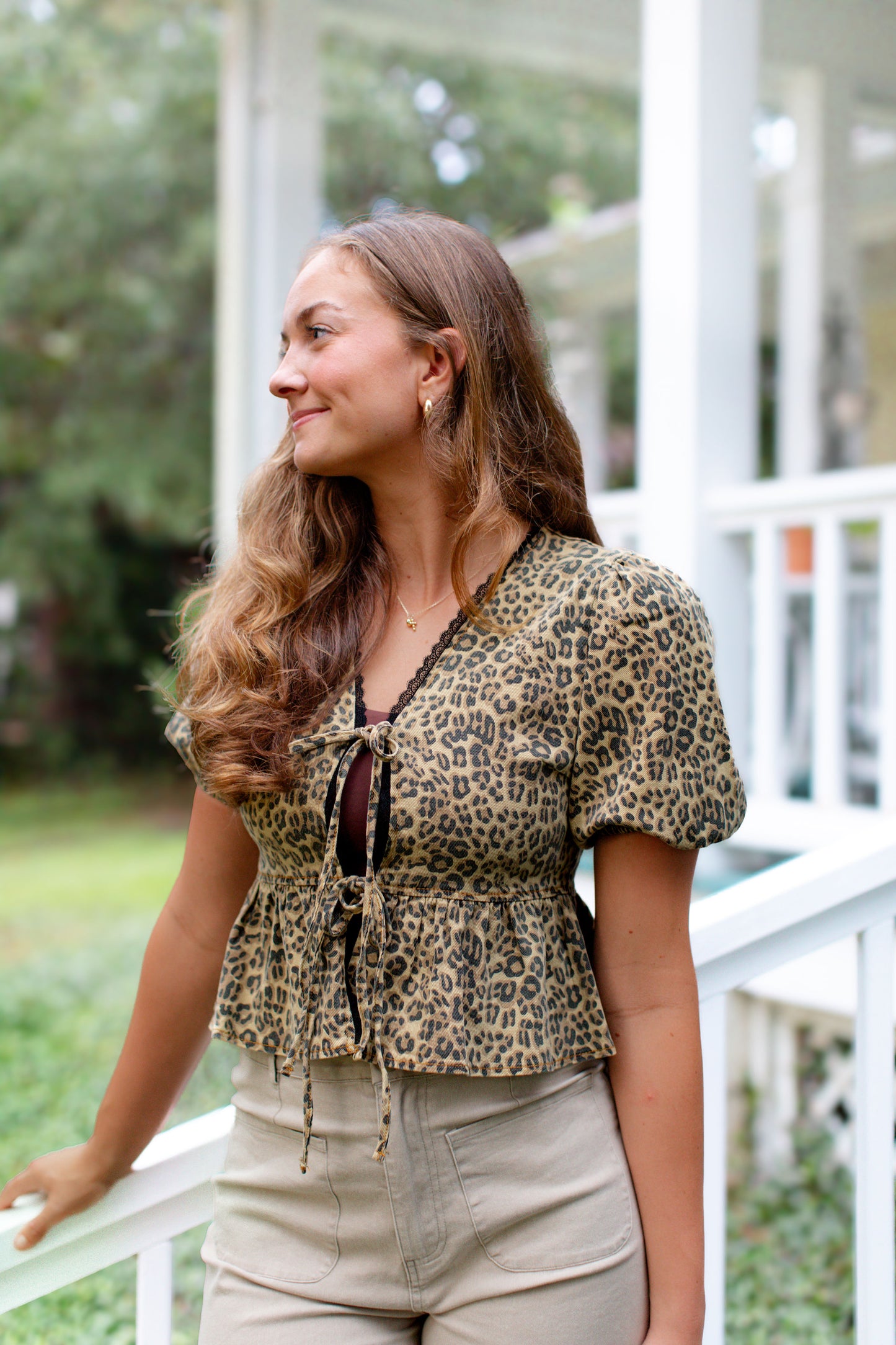 Leopard Printed Denim V-Neck Baby Doll Blouse