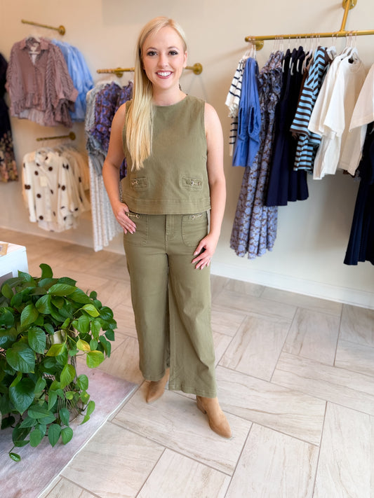 Olive Sleeveless Top And Pants Set