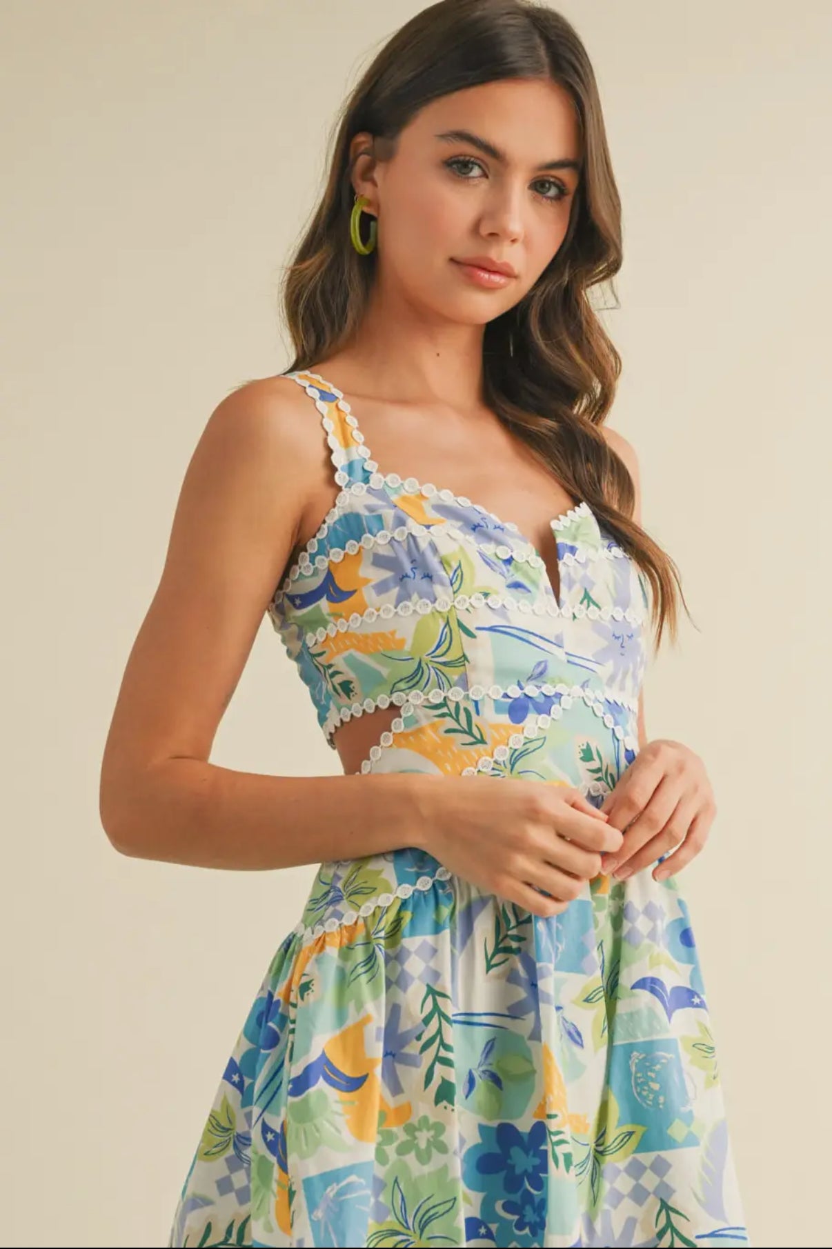 Blue Multi Cut Out Lace Trim Mini Dress